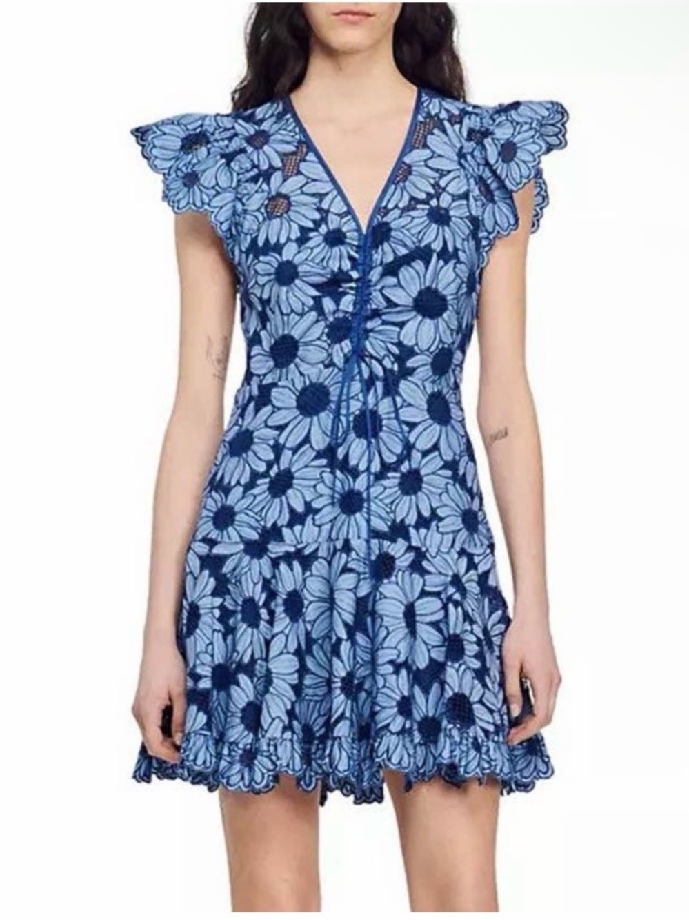 Sandro Women’s Blue Short Dress Floral Lace Fit & Flare Dress Size XS